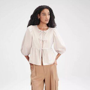 A New Day Balloon 3/4 Sleeve Tie-Front Blouse in Cream Striped NEW